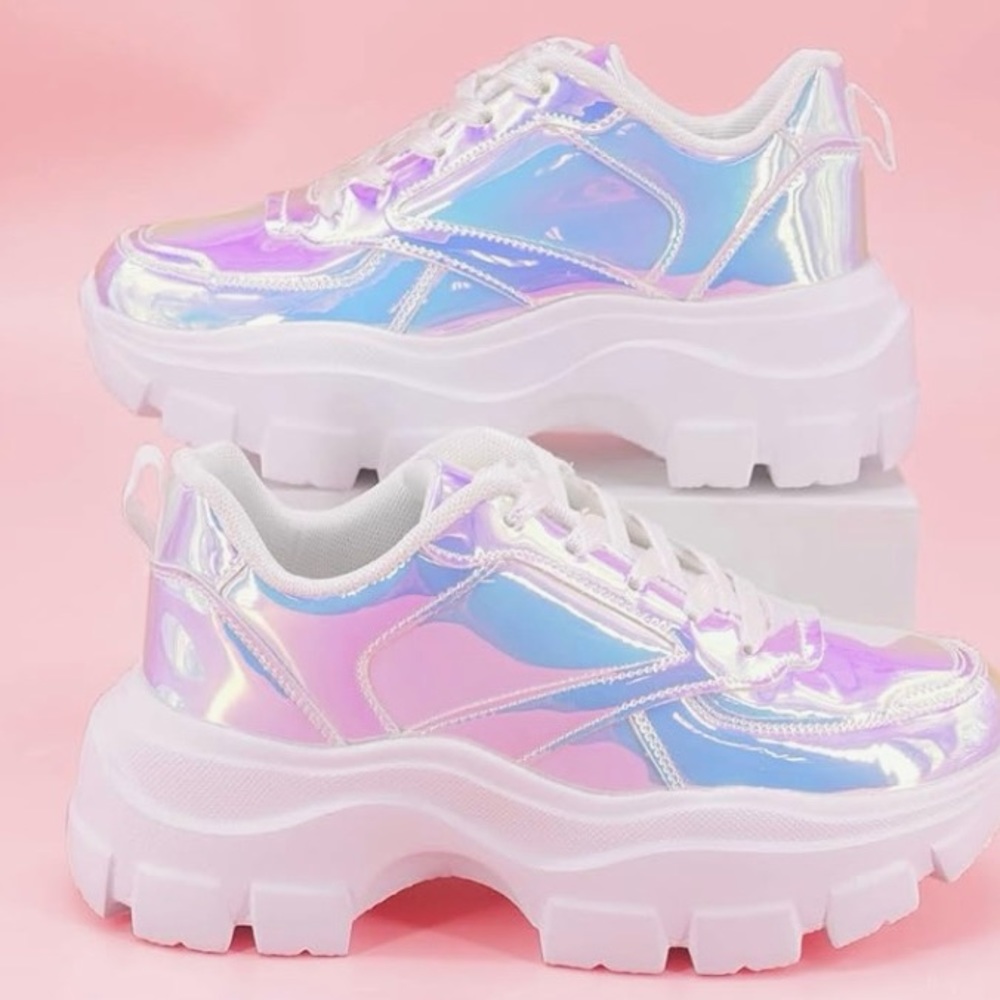 White Holographic Chunky Platform Sneakers